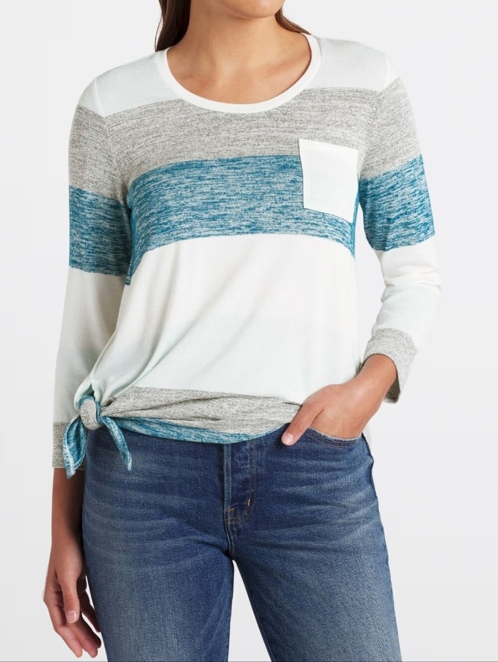 Striped Tie-Hem Long Sleeve Top - Blue/Gray/White